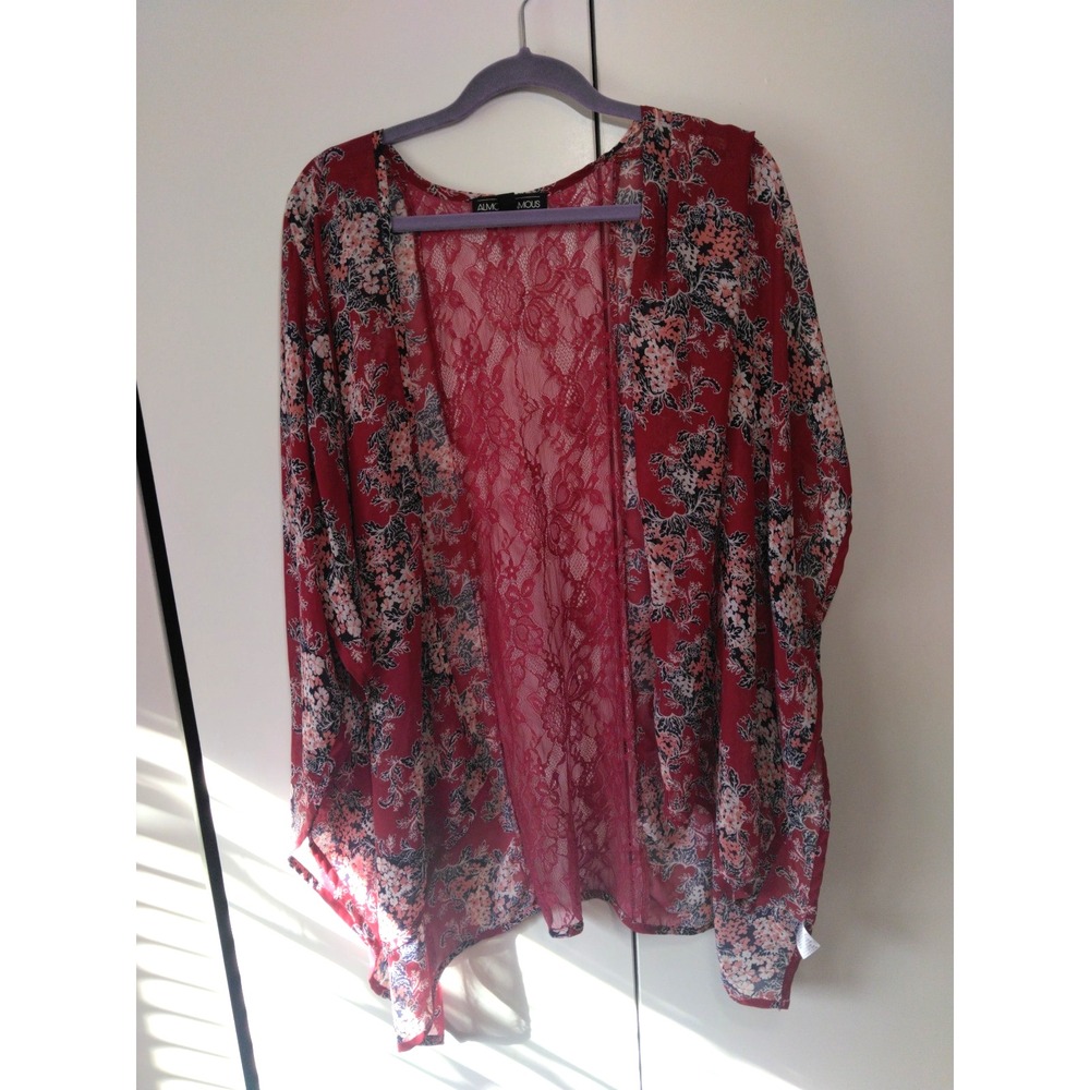 Womens Floral Lace Detail Kimono Duster Size XL Open Front Elegant Statement